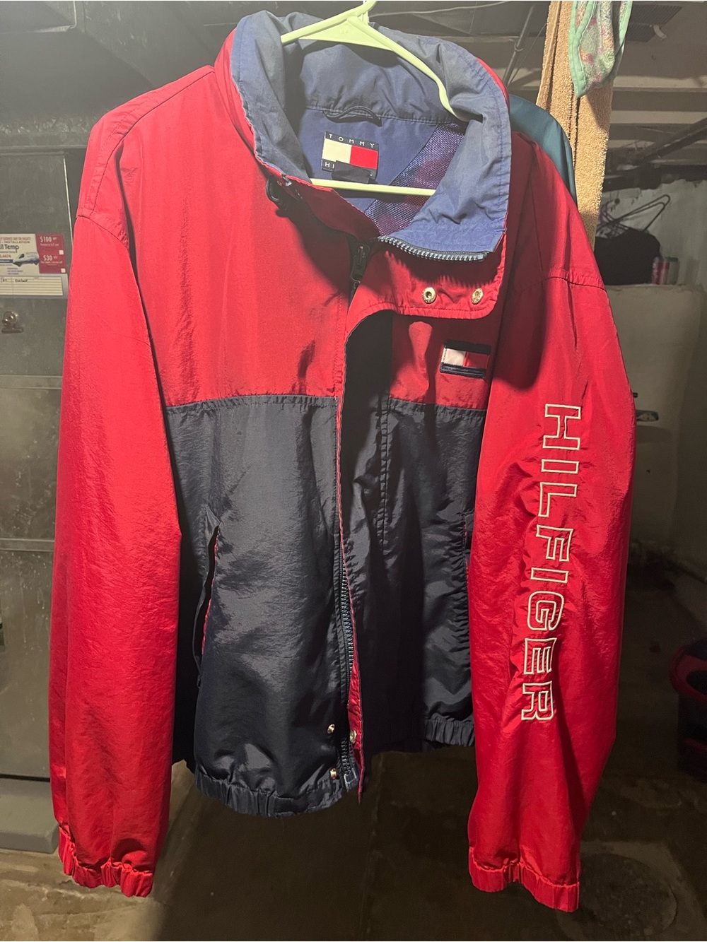 Tommy Hilfiger Red and Navy Colorblock Windbreaker with Hilfiger Sleeve Script